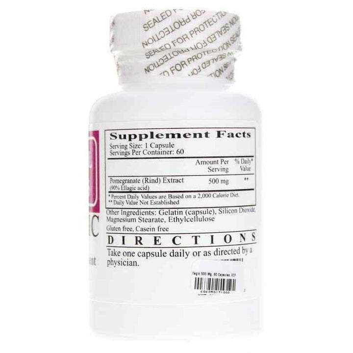 Ecological Formulas Ellagic 500 mg Support Natural Antioxidant 60 Caps supplement facts on bottle.