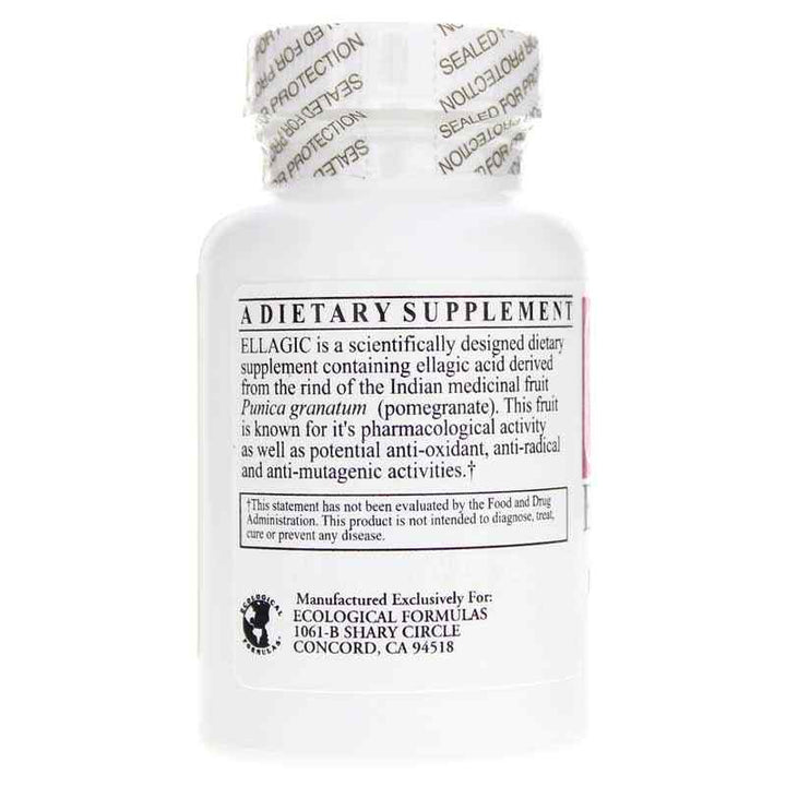 Ecological Formulas Ellagic 500 mg dietary supplement bottle containing ellagic acid for antioxidant support.