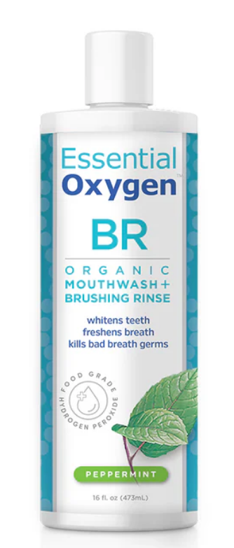 Essential Oxygen Brushing Rinse 16oz bottle with peppermint flavor promoting fresh breath and oral health.