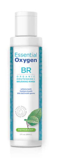 Essential Oxygen Brushing Rinse 3 oz bottle for fresh breath and oral health in peppermint flavor.