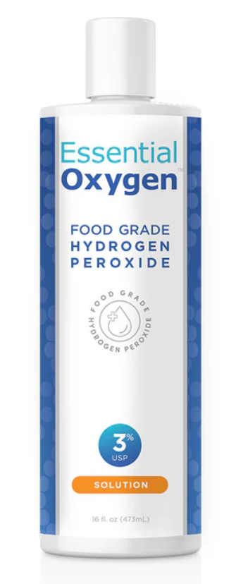 Essential Oxygen Food Grade Hydrogen Peroxide 16 oz bottle for oral hygiene and natural cleaning solutions.