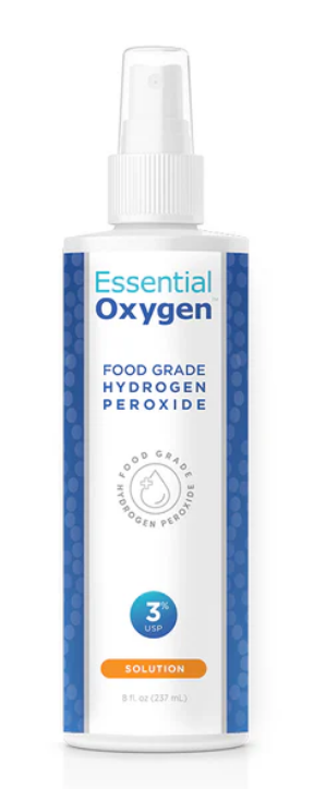 Essential Oxygen Food Grade Hydrogen Peroxide Spray 8oz bottle for cleansing and purification.