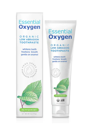 Essential Oxygen Organic Low Abrasion Toothpaste 4 oz tube and box with peppermint flavor for fresh breath.