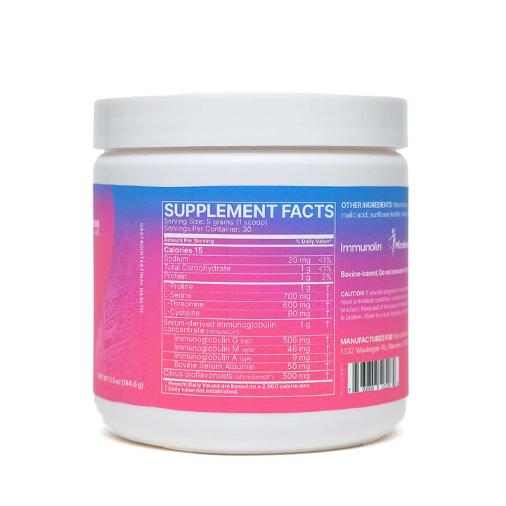 Microbiome Labs MegaMucosa Powder 5.5 Oz supplement facts panel displaying ingredients and nutrition information.