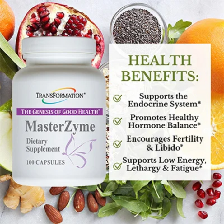 Transformation Enzymes MasterZyme dietary supplement with health benefits including hormone balance and energy support.