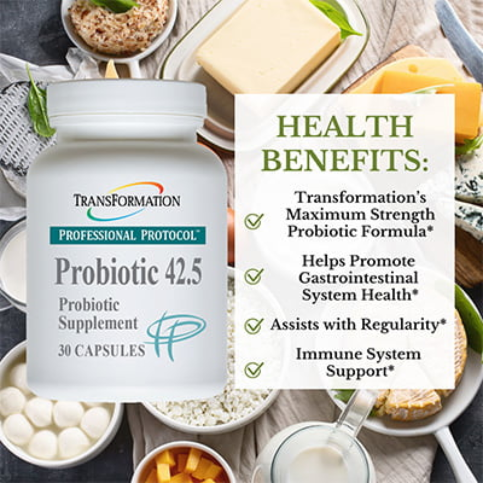 Transformation Enzymes Probiotic 42.5 bottle with probiotic health benefits, supports digestive health and immune system.