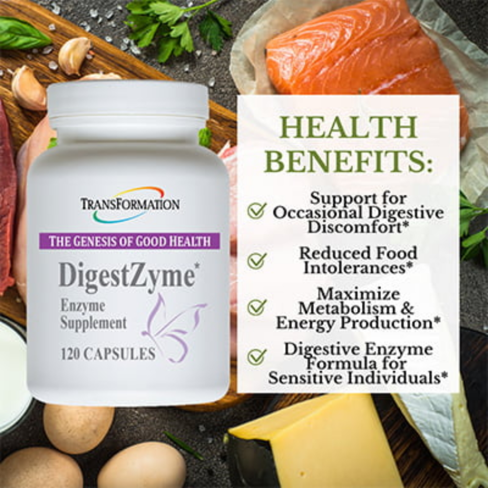 Transformation Enzymes DigestZyme enzyme supplement bottle with highlighted health benefits and ingredients.