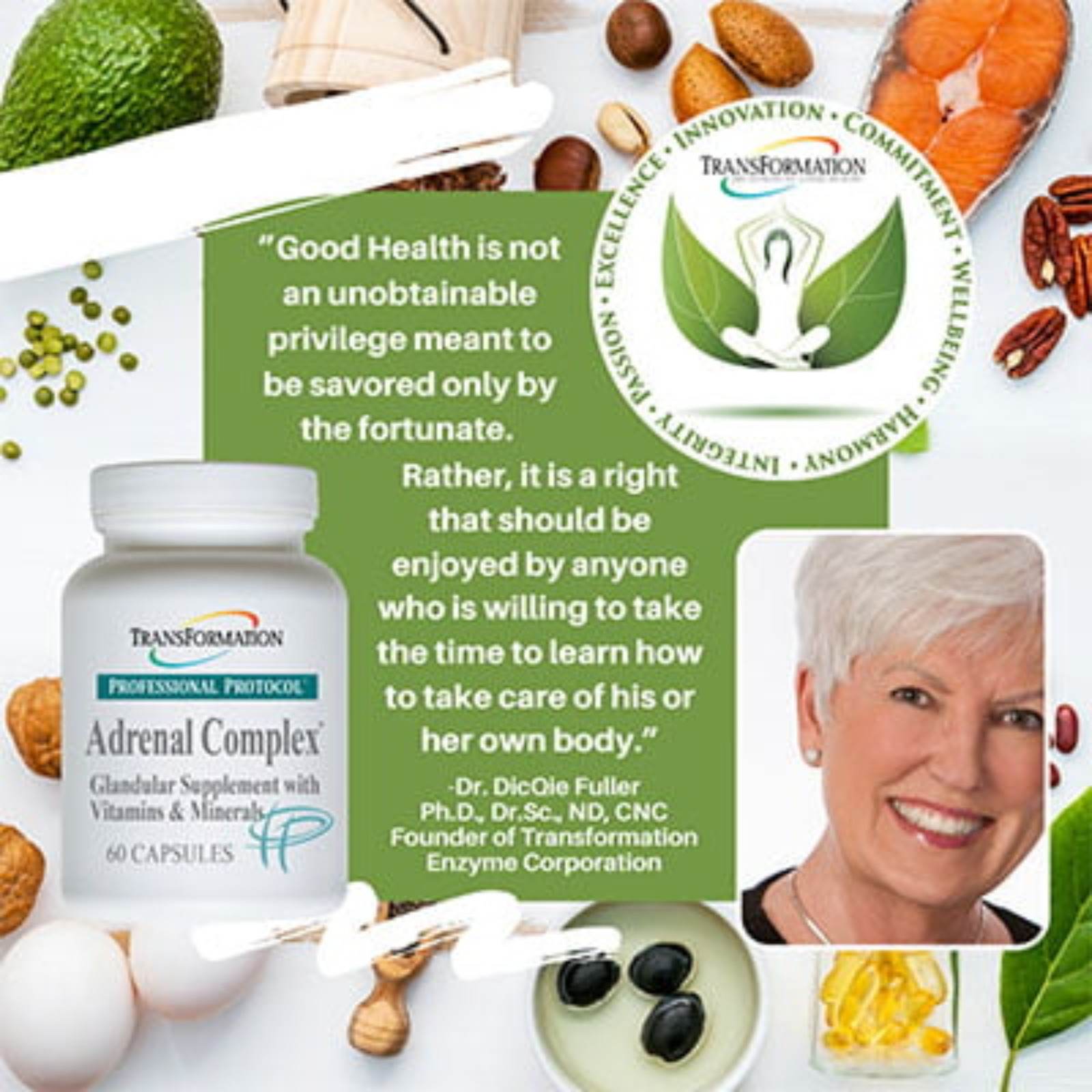 Transformation Enzymes Adrenal Complex bottle with quote and Dr. DiCicco Fuller, promoting endocrine health.