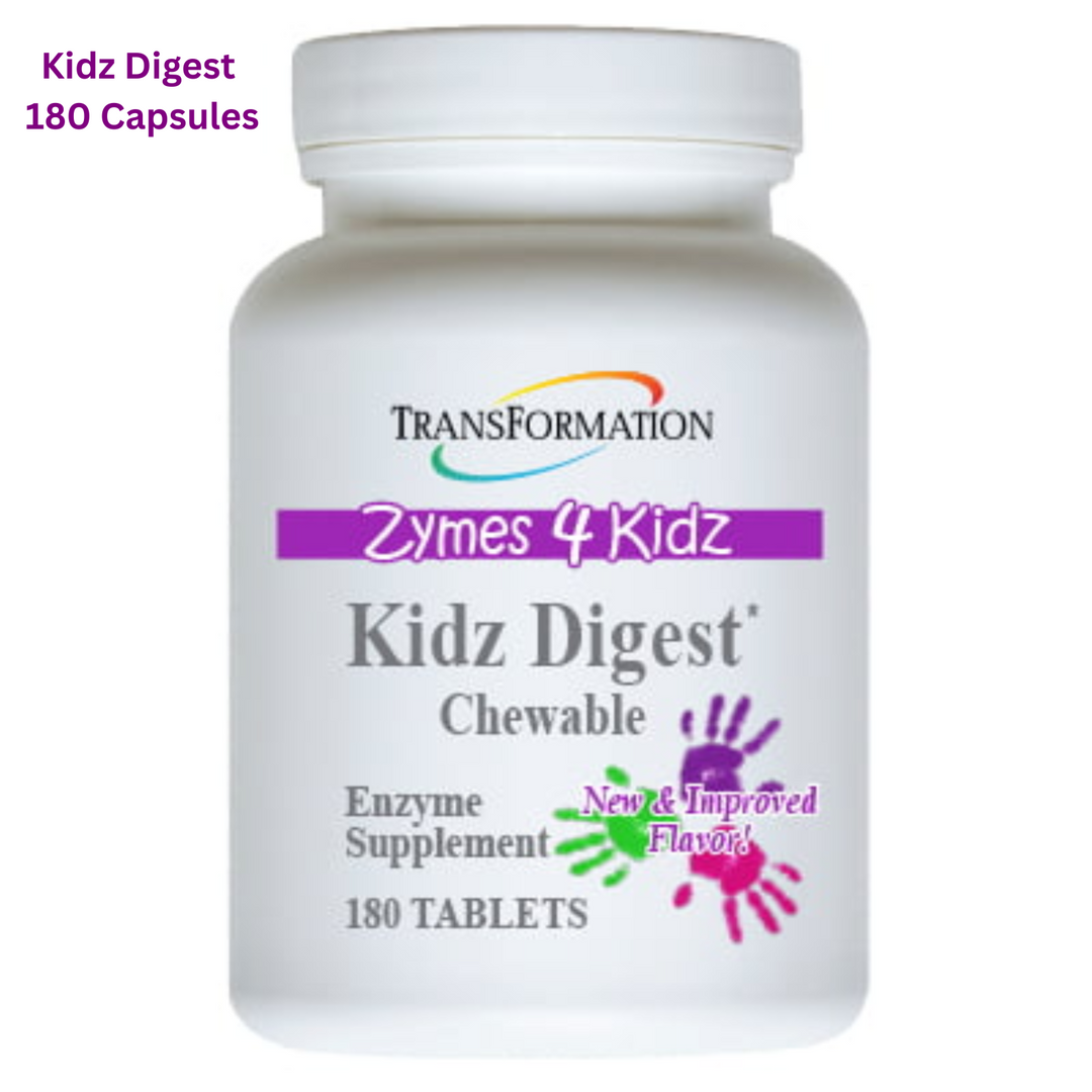 Transformation Enzymes Kidz Digest chewable enzyme supplement bottle with 180 tablets.