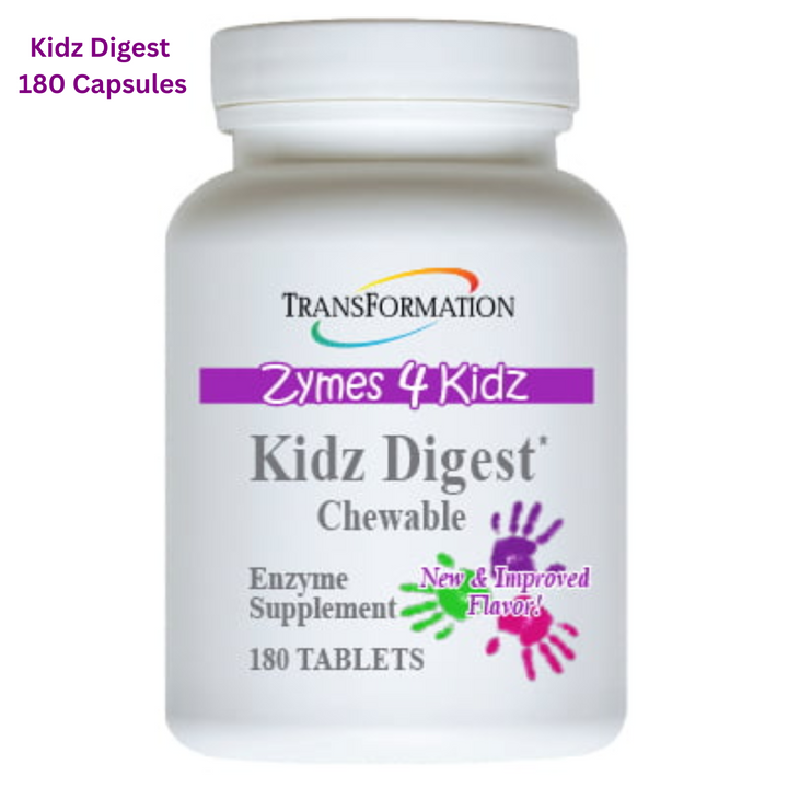 Transformation Enzymes Kidz Digest chewable enzyme supplement bottle with 180 tablets.