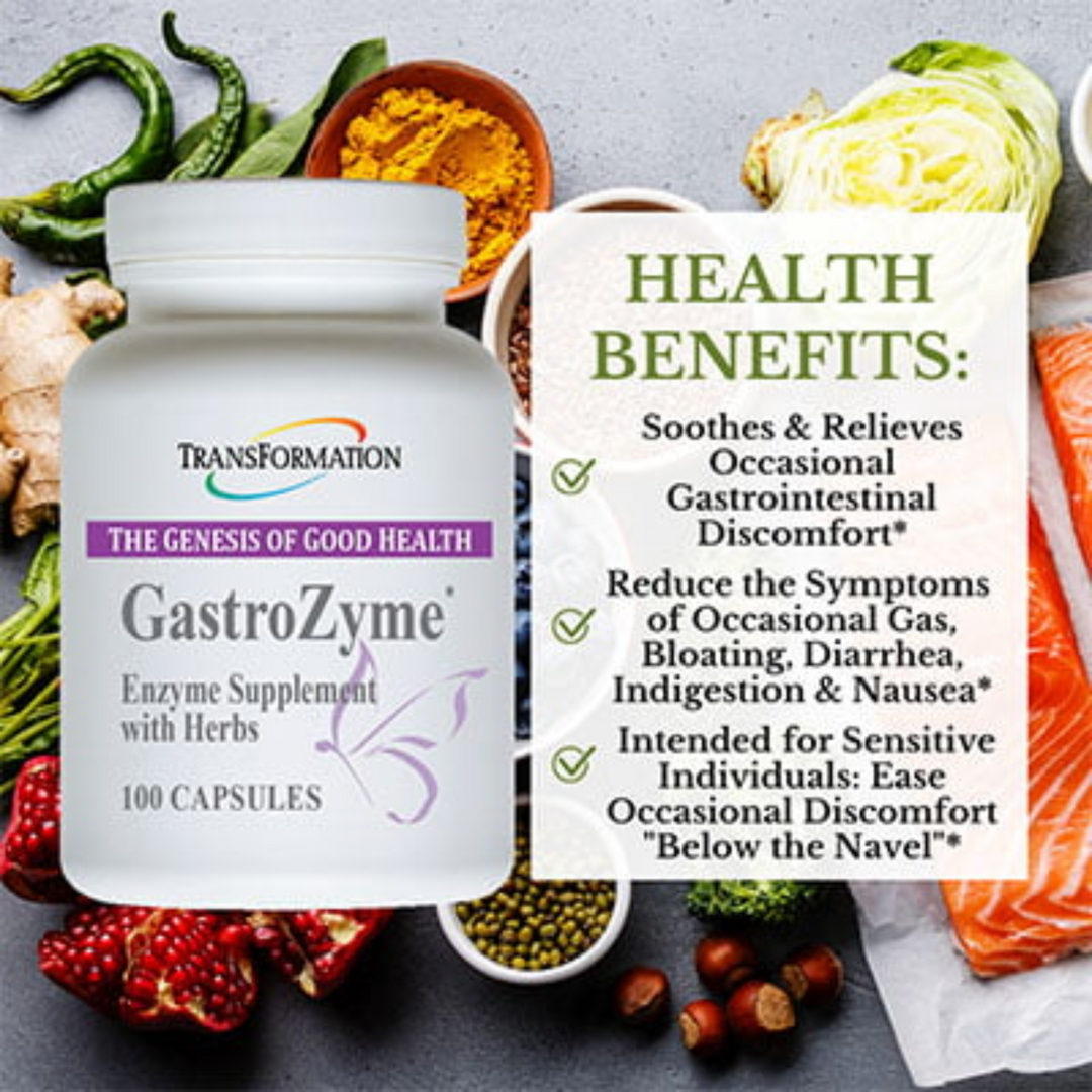 Transformation Enzymes GastroZyme enzyme supplement with health benefits for digestive support, 100 capsules.