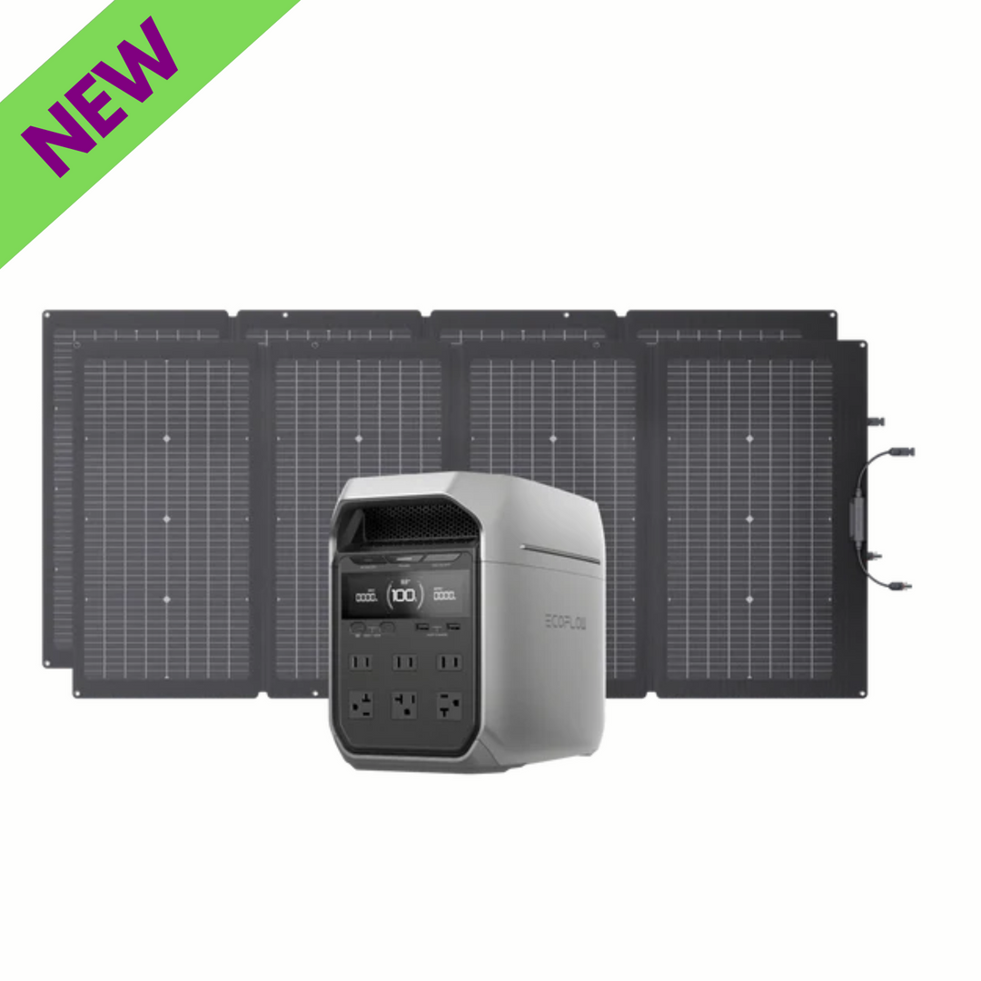 EcoFlow DELTA 3 Plus Power Station with two 110W solar panels, showcasing portable energy solution, marked as NEW.