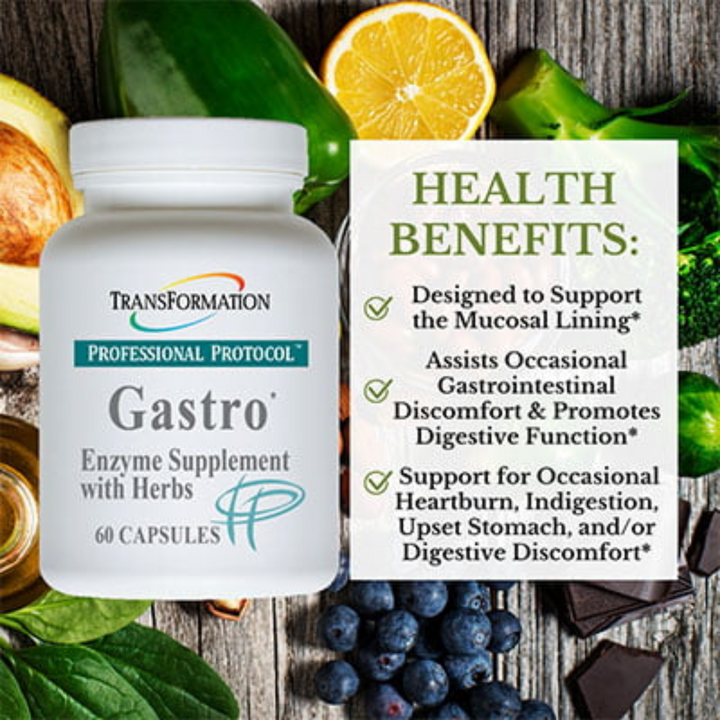 Transformation Enzymes Gastro Support Aids Digestive and Gut Health 60 Capsules bottle with healthy ingredients.