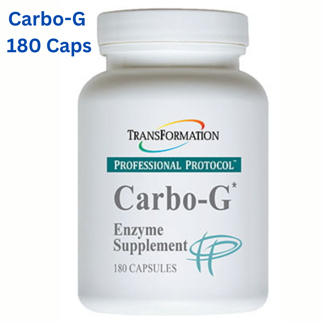 Transformation Enzymes Carbo-G supplement bottle with 180 capsules for gluten and carb digestion support.