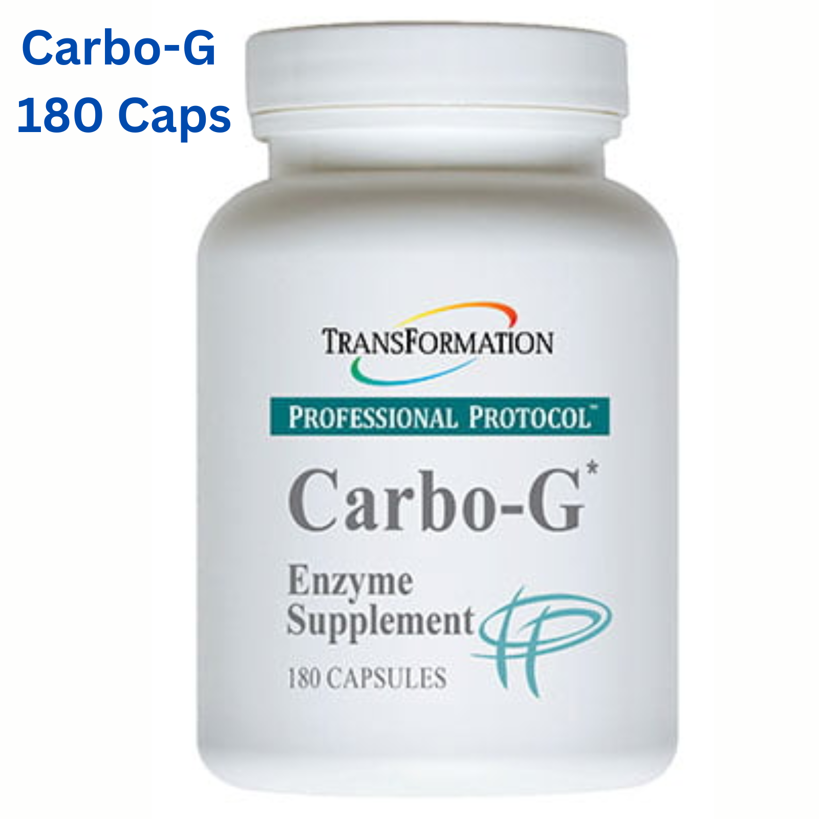 Transformation Enzymes Carbo-G supplement bottle with 180 capsules for gluten and carb digestion support.