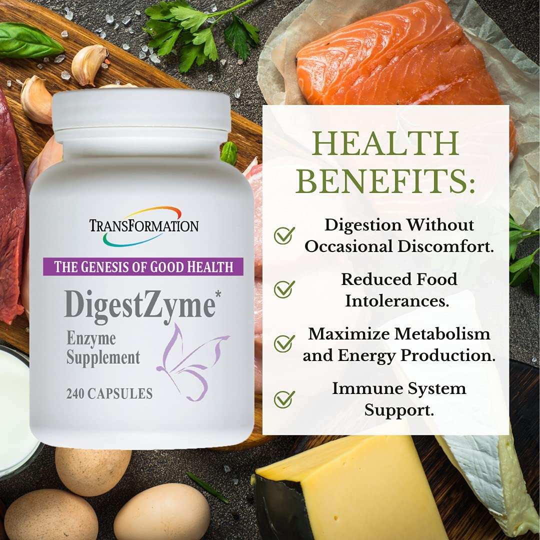 Transformation Enzymes DigestZyme enzyme supplement bottle with health benefits listed, featuring 240 capsules.