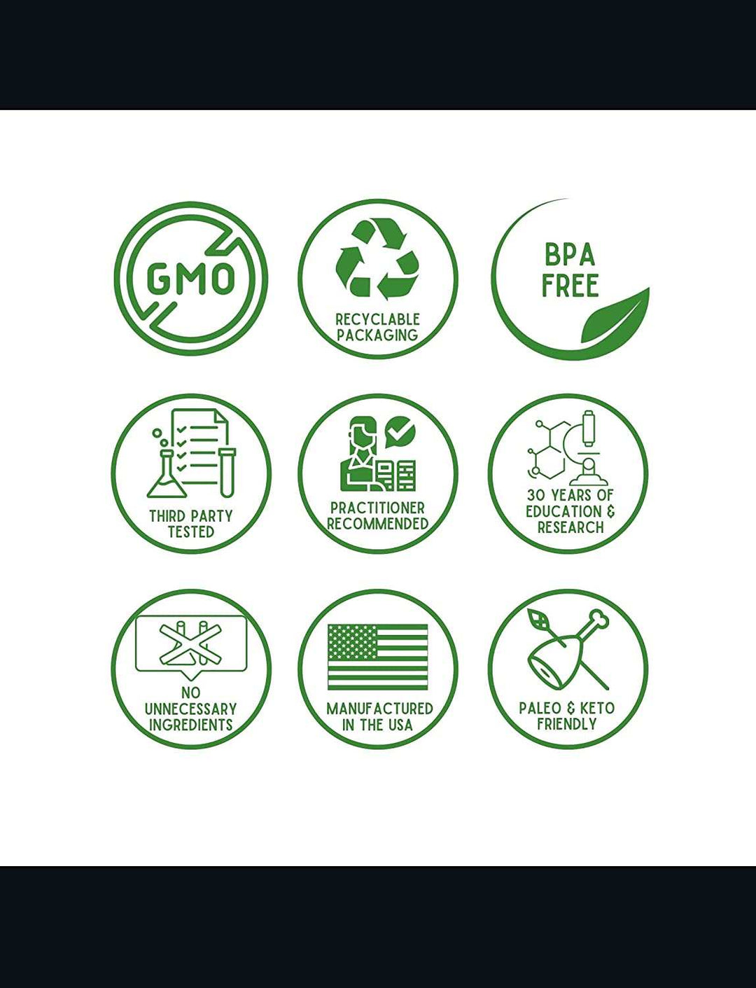 Icons highlighting product features: GMO Free, BPA Free, recyclable packaging, third-party tested, and more.