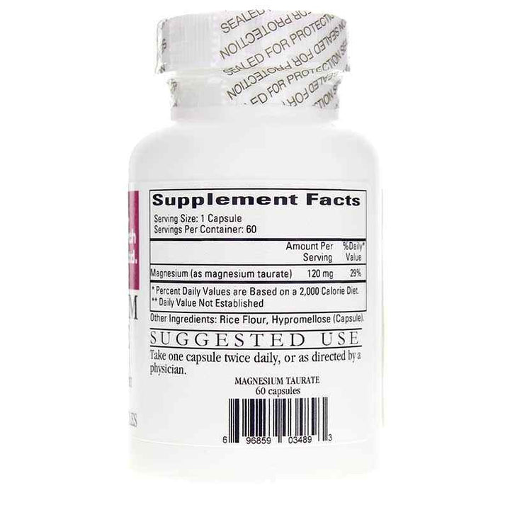 Cardiovascular Research Magnesium Taurate Supplement 60 Veg Caps bottle showing supplement facts and usage instructions