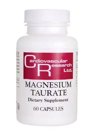 Cardiovascular Research Magnesium Taurate Supplement bottle with 60 veggie capsules for dietary support.