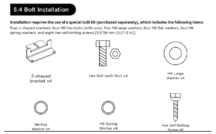 Diagram showing 5.4 Bolt Installation components, including Z-shaped brackets, hex bolts, washers, and screws.