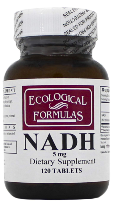 Ecological Formulas NADH 5 mg Dietary Supplement bottle with 120 tablets for energy and mental focus.