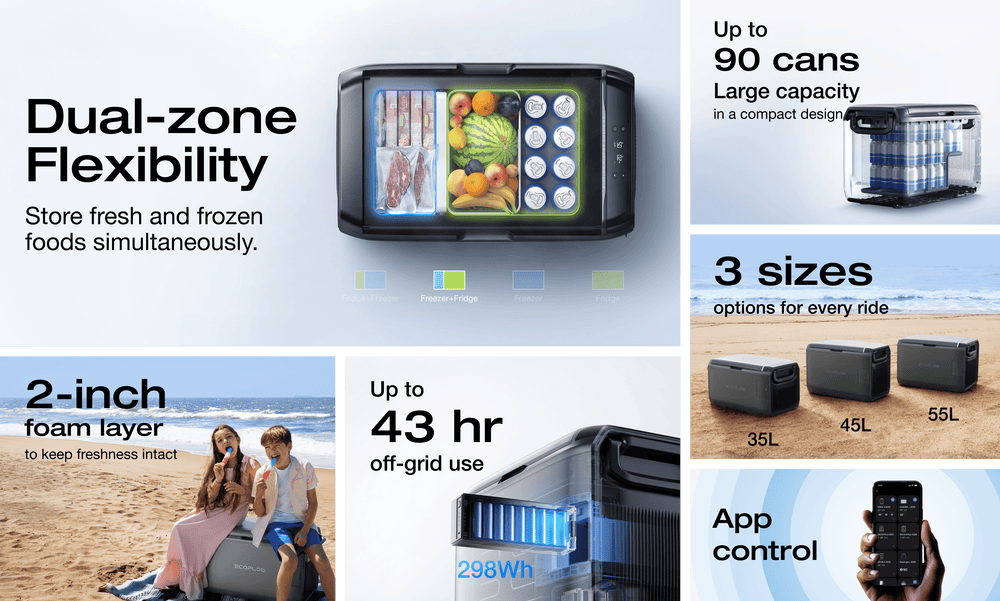 EcoFlow GLACIER Classic Fridge features dual-zone flexibility for fresh and frozen food storage, with options for 90 cans and app control.