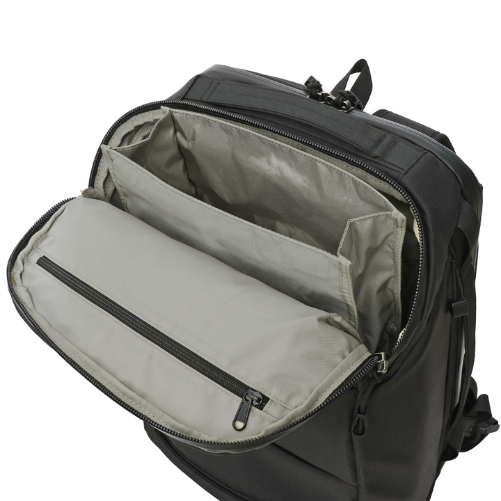 Interior view of Faraday Jacket Pro CORDURA 35L backpack showing zippered pocket and organizational compartments.