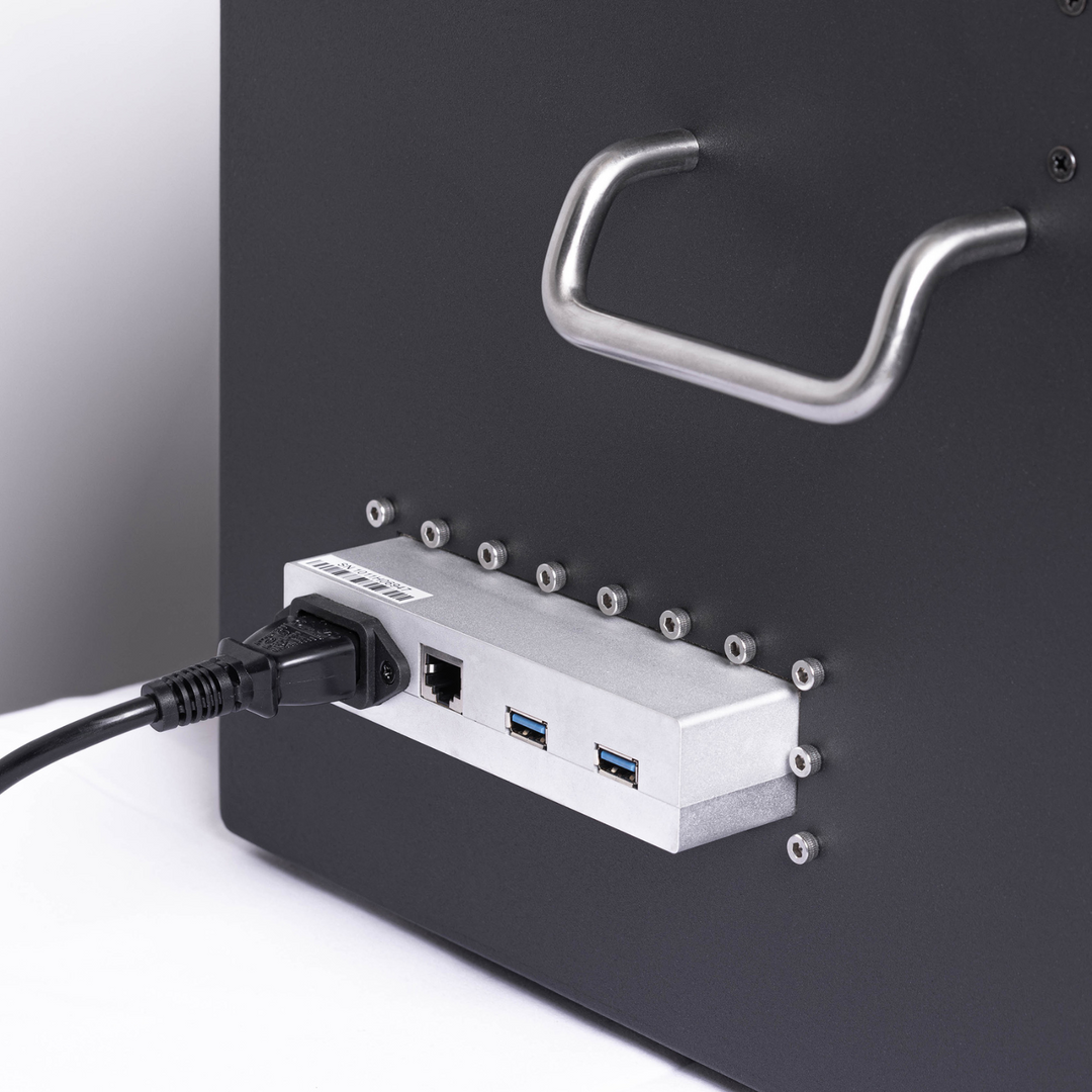 Back view of Faraday NEXUS Forensic Mini Lab showing power and USB ports, designed for data protection.