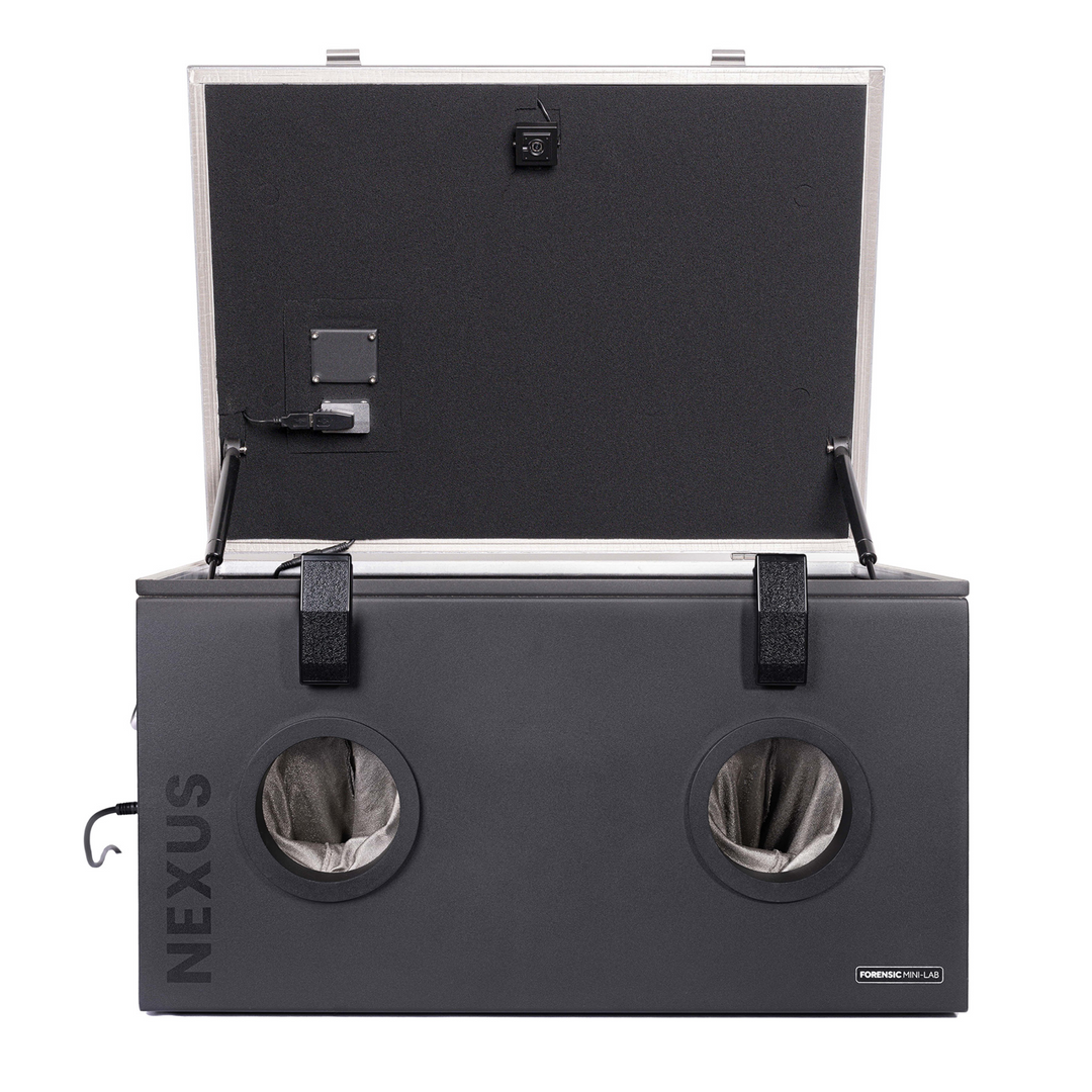 Faraday NEXUS Forensic Mini Lab RF Shielded Touchscreen Data Box with open lid and dual access ports.