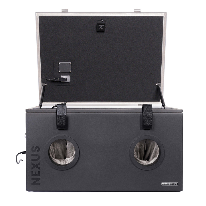 Faraday NEXUS Forensic Mini Lab RF Shielded Touchscreen Data Box with open lid and dual access ports.