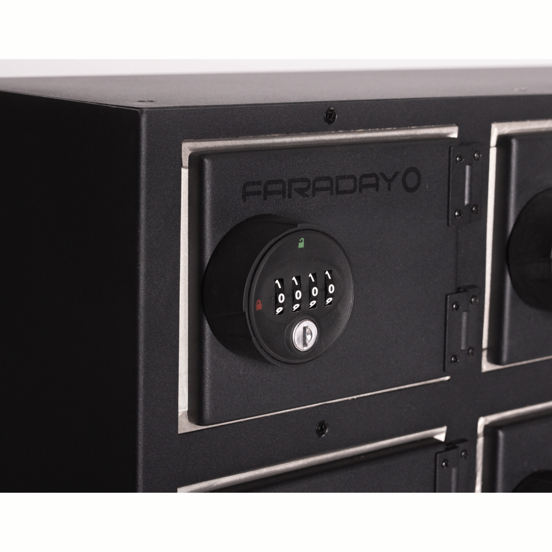 Faraday NEXUS Faraday Locker secure RF storage box with a combination lock for data protection.