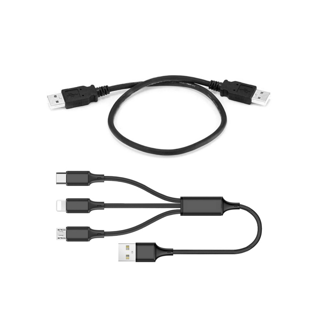 USB charging cable set including USB-A and multi-connector options for various devices.