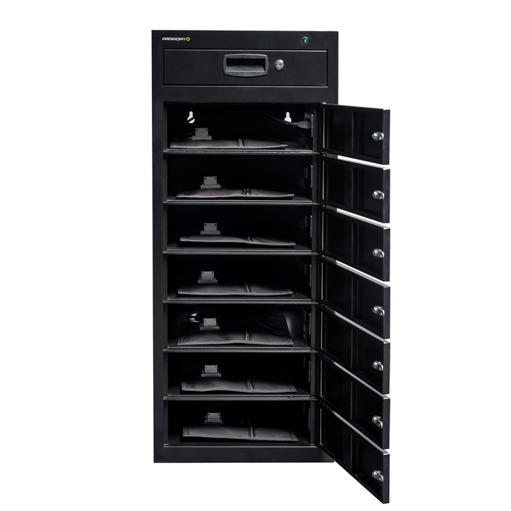 Faraday JACKET Forensic Power Locker RF Shielded secure data storage cabinet with multiple compartments.