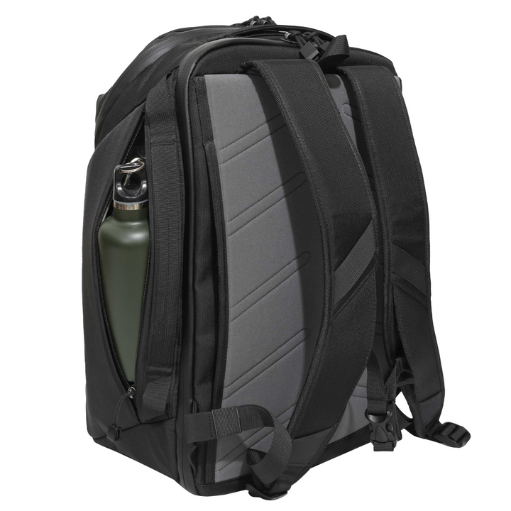 Faraday Jacket Pro CORDURA backpack featuring shielded pockets and water bottle holder, 13"x11"x9.75", 35L capacity.