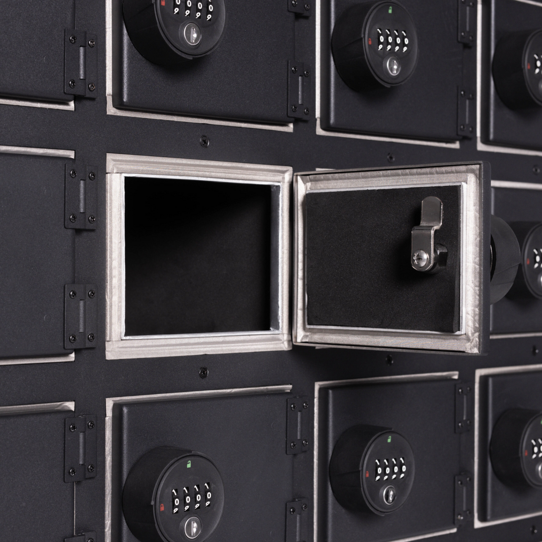 Faraday NEXUS Faraday Locker secure RF shielded storage box with open compartment and digital locks.