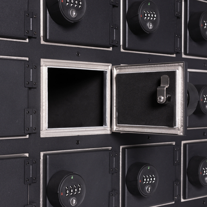 Faraday NEXUS Faraday Locker secure RF shielded storage box with open compartment and digital locks.