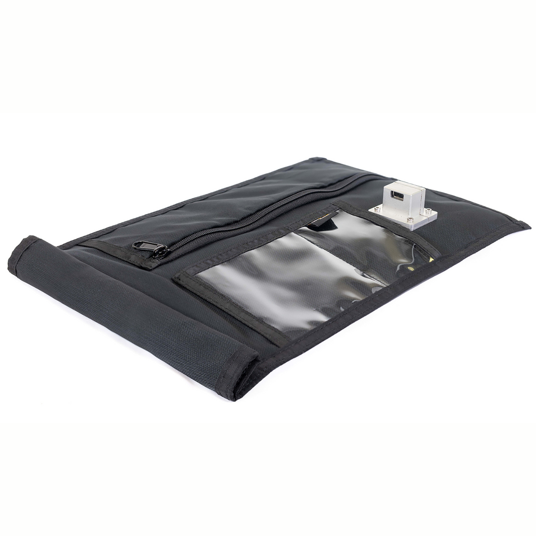 Faraday JACKET Pro Window Port Bag RF Shielded Access Port 16" x 10.5" with clear pouch and integrated charging port.