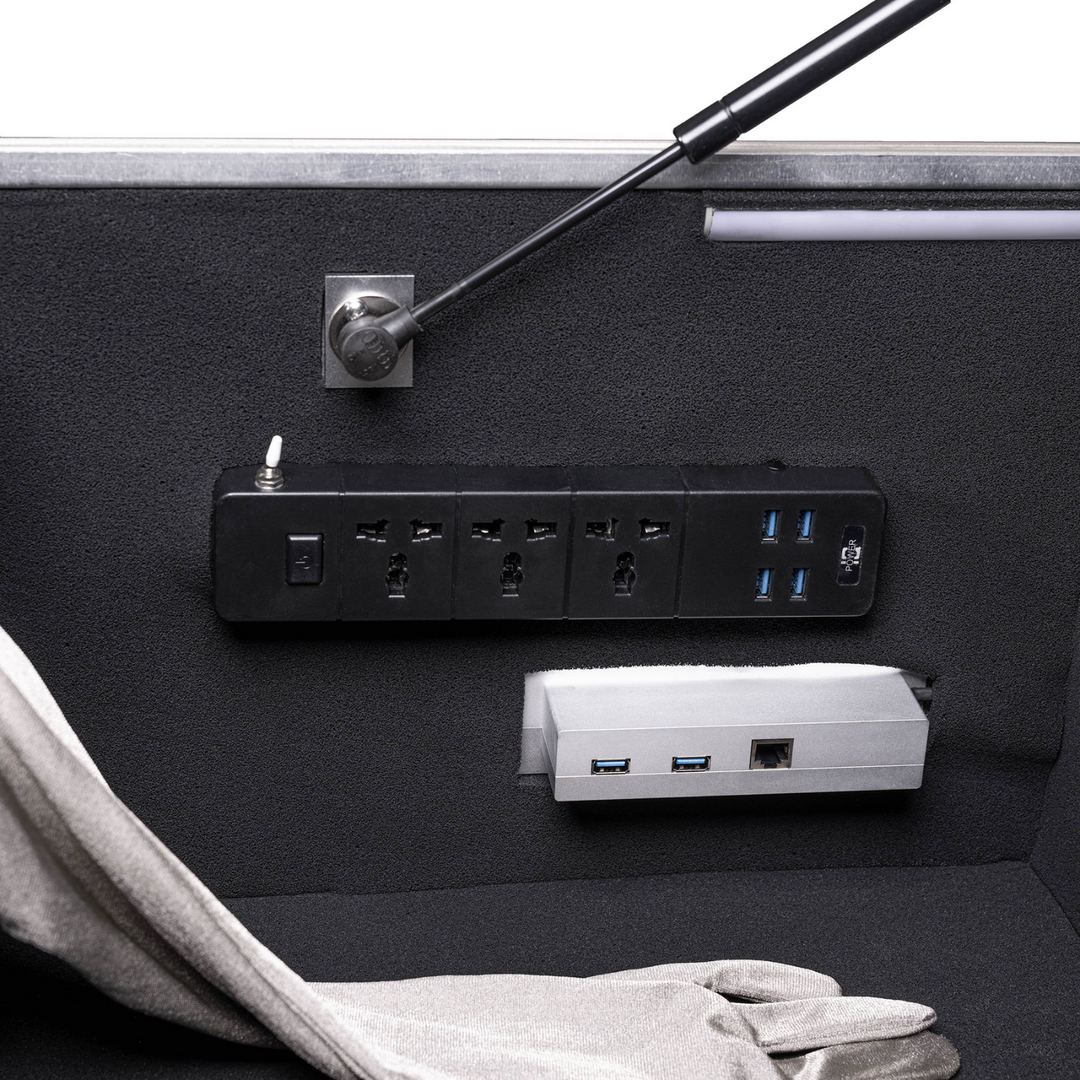 Faraday NEXUS Forensic Mini Lab interior showing power outlets and USB ports for secure data handling.