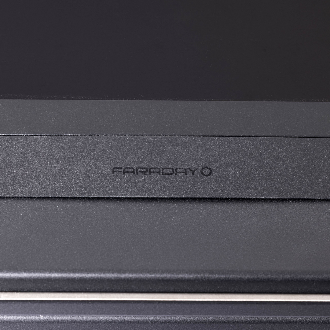 Close-up of the Faraday branding on the top of the Faraday NEXUS Forensic Mini Lab touchscreen data protection box.