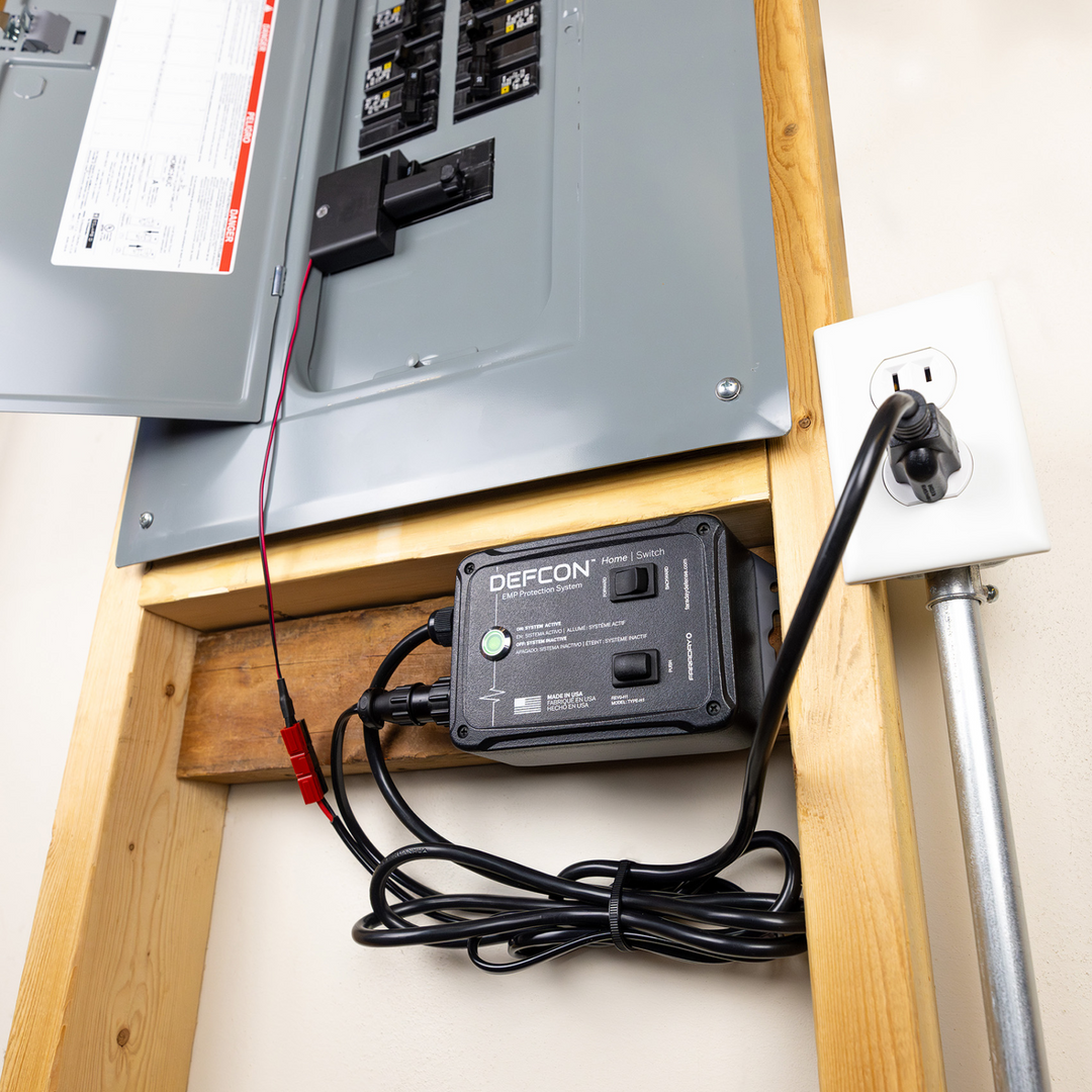 Faraday DEFCON Home Switch installed next to electrical panel for effective wireless signal blocking.
