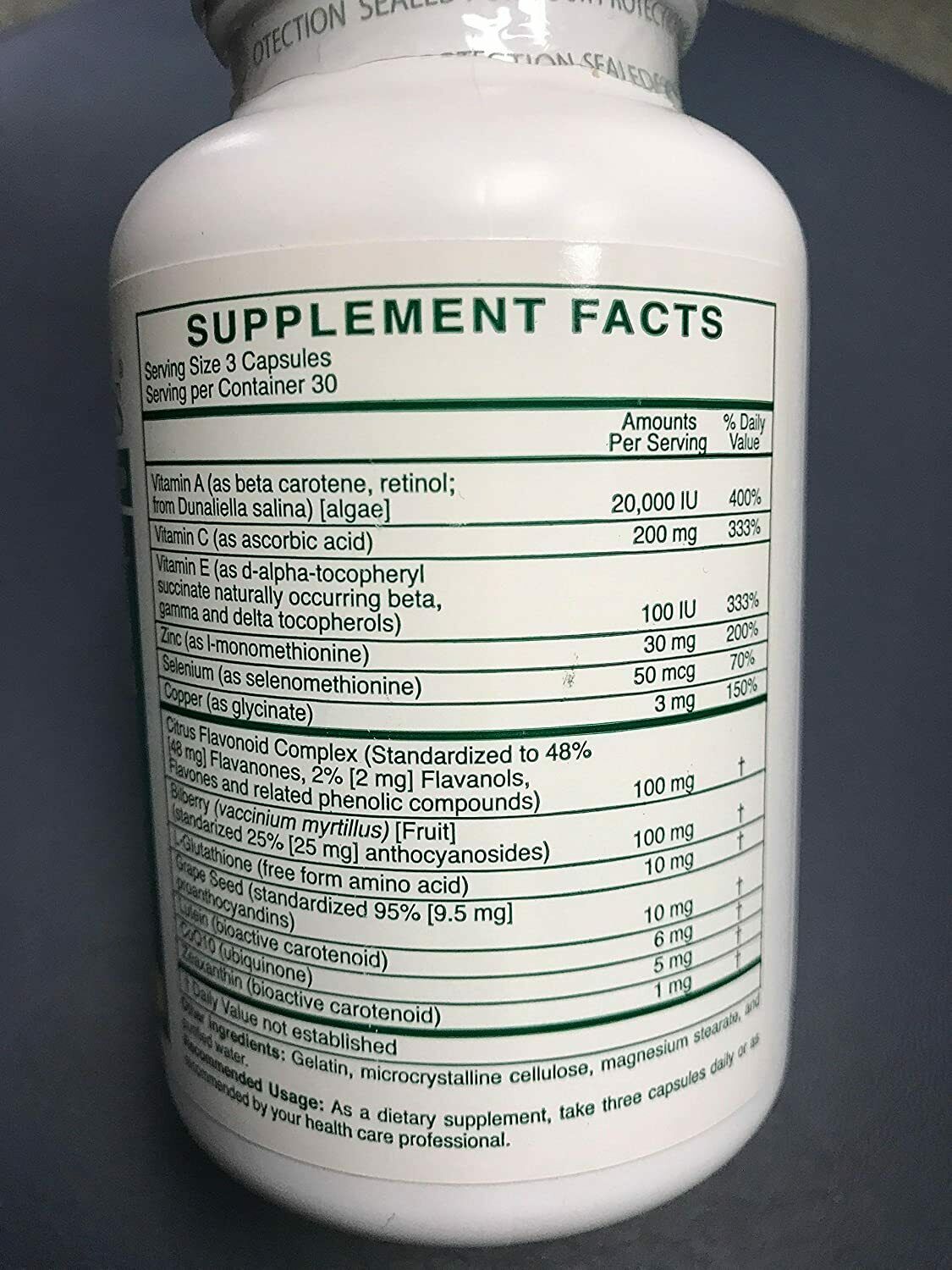 Supplement facts for Rx Vitamins For Human Ocular Formula 90 Caps, featuring nutrients for eye health support.