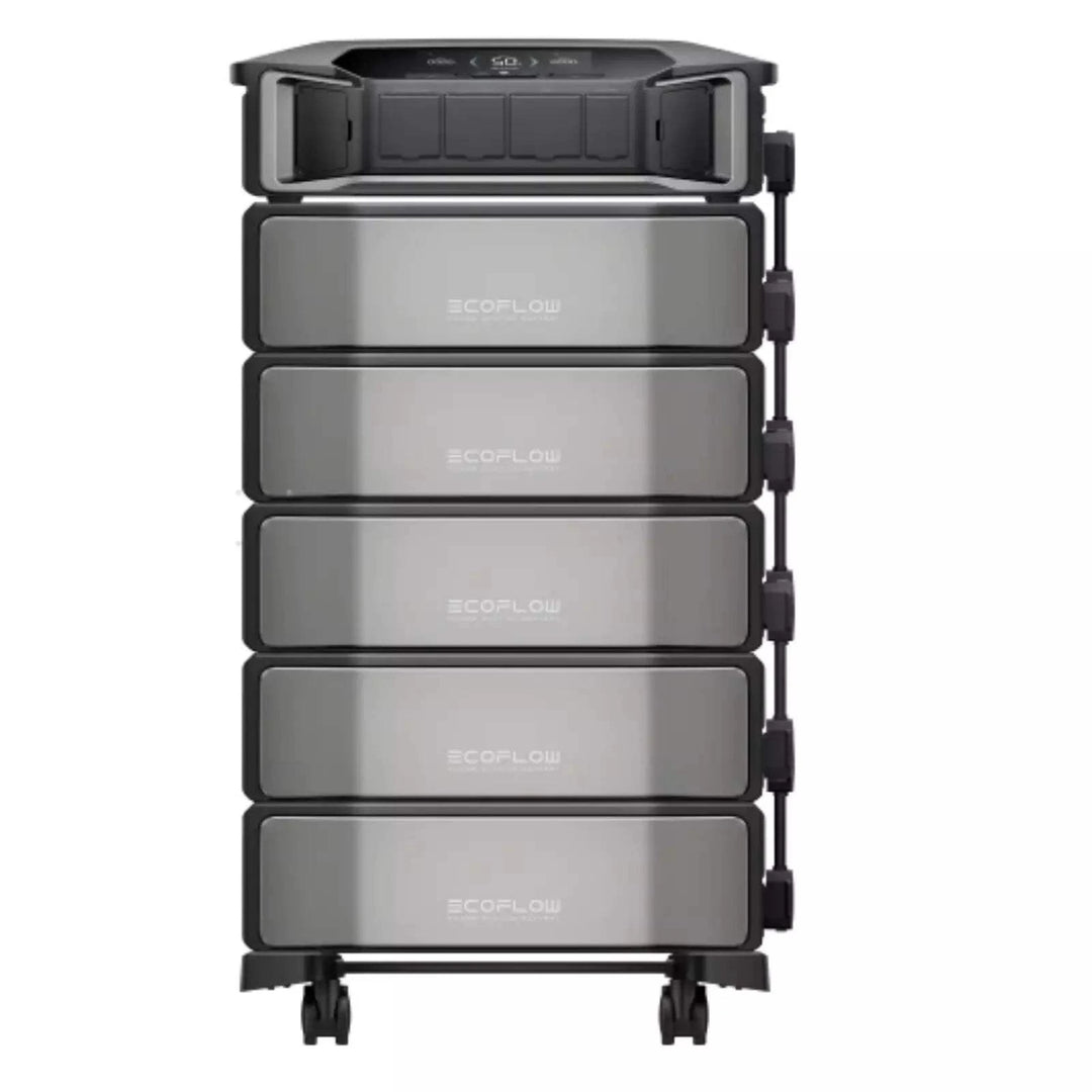 EcoFlow DELTA Pro Ultra Inverter + Qty 5 Batteries for Whole Home Backup 6 KIT stacked together in a sleek design.