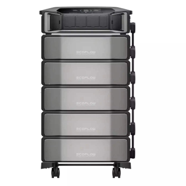 EcoFlow DELTA Pro Ultra Inverter + Qty 5 Batteries for Whole Home Backup 6 KIT stacked together in a sleek design.