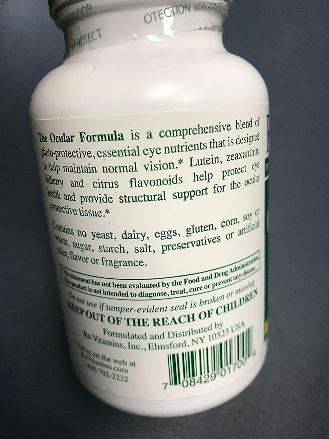 Rx Vitamins For Human Ocular Formula 90 Caps bottle side view showing ingredients and health benefits