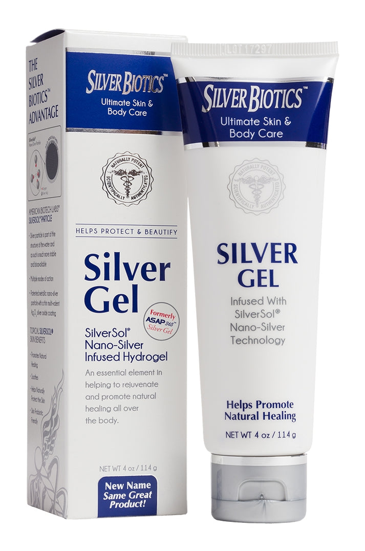 American Biotech Labs Silver Biotics Silver Gel 20ppm 4oz with packaging and gel tube for skin health support.