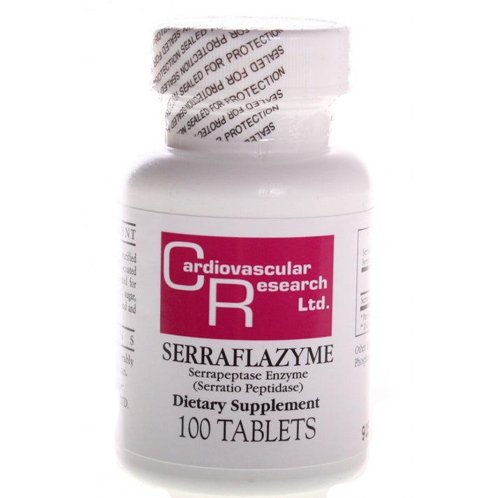Cardiovascular Research Serraflazyme dietary supplement bottle containing 100 tablets for natural pain relief.