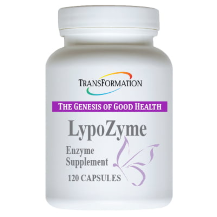 Transformation Enzymes LypoZyme enzyme supplement bottle with 120 capsules for healthy fat digestion.