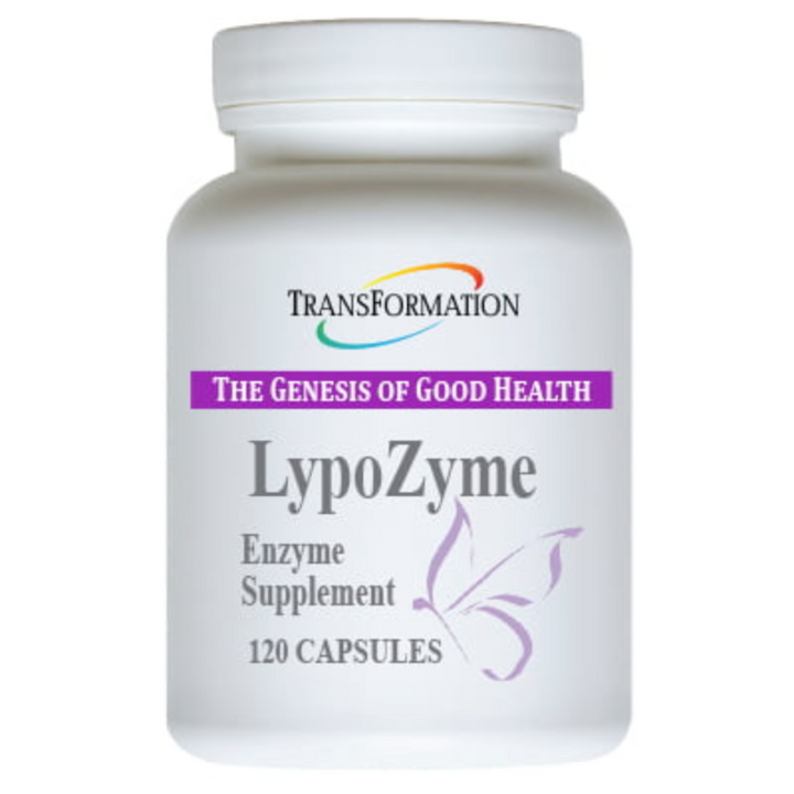 Transformation Enzymes LypoZyme enzyme supplement bottle with 120 capsules for healthy fat digestion.