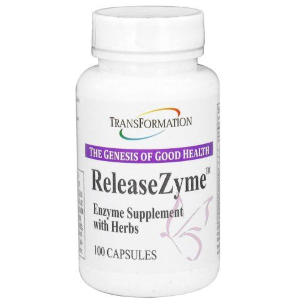 Transformation Enzymes ReleaseZyme enzyme supplement with herbs, 100 capsules for healthy waste elimination.
