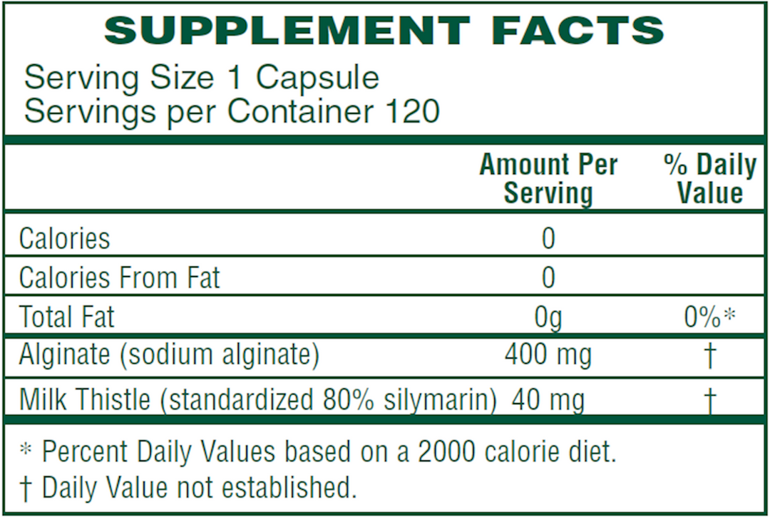 Supplement Facts for Rx Vitamins Alginate Plus 120 Capsules showing serving size, calories, and key ingredients.